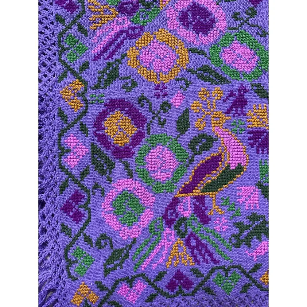 Mexican Mañanita embroidered poncho purple bird floral primitive folk fringed